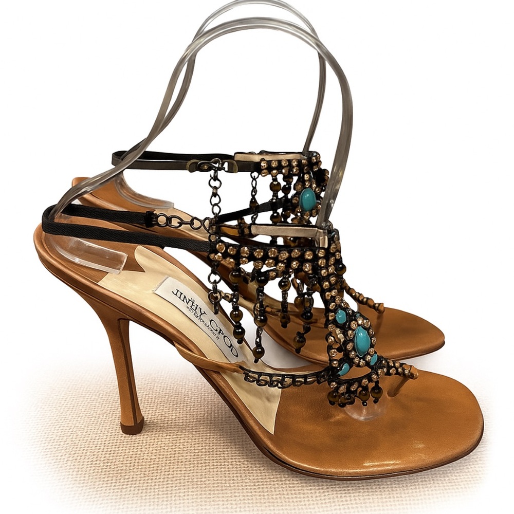 Jimmy Choo Tan and Turquoise Beaded Heels
